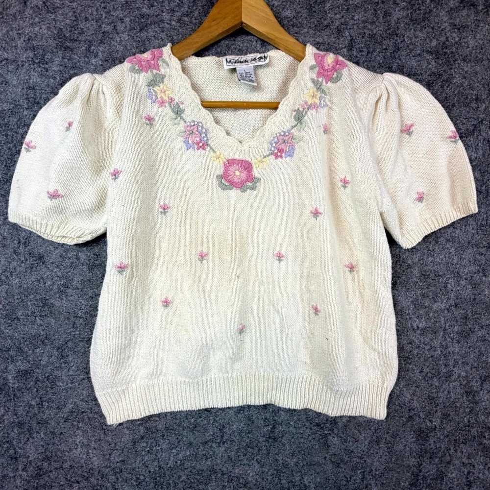 Vintage Private Party Sweater Women Large Beige Floral Coquette‎ Grandma Girly